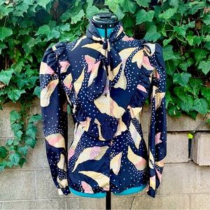 Vintage 80s Secretary Blouse 6 S Black Ruffle Bow Floral Top